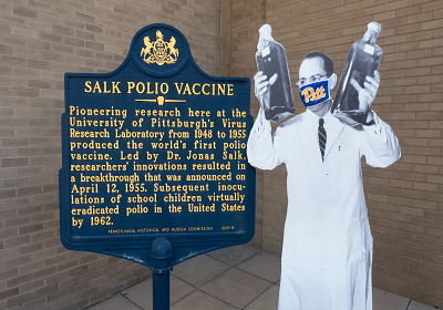 Jonas Salk cutout visits Salk historical marker 